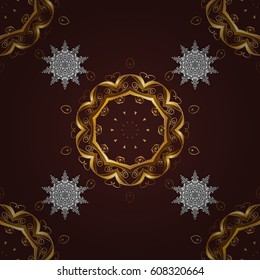 Gold on brown background. Decorative symmetry arabesque. Good for greeting card for birthday, invitation or banner. Seamless pattern medieval floral royal pattern. Vector illustration.