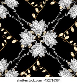 Gold on colors. Good for greeting card for birthday, invitation or banner. Decorative symmetry arabesque. Seamless pattern medieval floral royal pattern. Vector illustration.