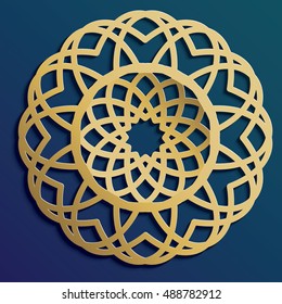 Gold on dark mandala round ornament background architectural muslim texture design. Can be used for brochures invitations,persian motif