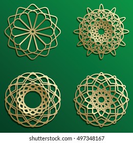 Gold on dark mandala round ornament background architectural muslim texture design. Can be used for brochures invitations,persian motif