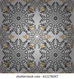 Gold on gray background. Decorative symmetry arabesque. Vector illustration. Good for greeting card for birthday, invitation or banner. Seamless pattern medieval floral royal pattern.