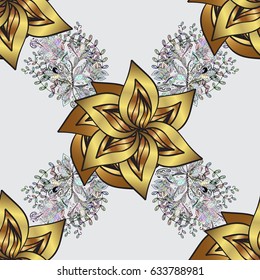 Gold on gray background. Good for greeting card for birthday, invitation or banner. Vector illustration. Medieval floral royal pattern. Decorative symmetry arabesque.