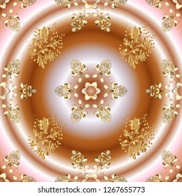Gold on neutral and beige colors. Vector illustration. Seamless medieval floral royal pattern. Good for greeting card for birthday, invitation or banner. Decorative symmetry arabesque.