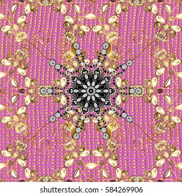 Gold on pink background. Vector illustration. Medieval floral royal pattern. Good for greeting card for birthday, invitation or banner. Decorative symmetry arabesque.