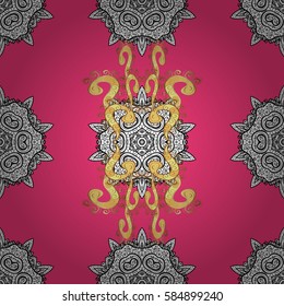 Gold on pink background. Vector illustration. Seamless pattern medieval floral royal pattern. Good for greeting card for birthday, invitation or banner. Decorative symmetry arabesque.