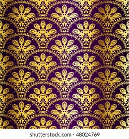 Gold on purple seamless peacock sari pattern (Eps10); JPG version also available