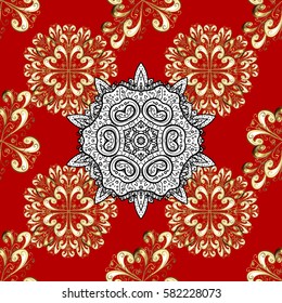 Gold on red background. Decorative symmetry arabesque. Good for greeting card for birthday, invitation or banner. Seamless pattern medieval floral royal pattern. Vector illustration.