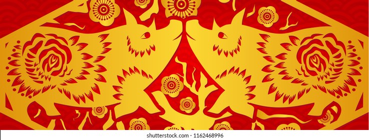 Gold on Red pig horizontal banner for Chinese New Year. Year of the pig 2019