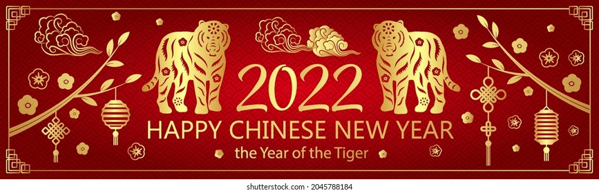 Gold on Red Tiger horizontal banner for Chinese New Year. Hieroglyph translation: Happy New Year, tiger. Vector illustration. 2022