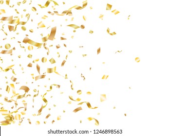 Gold on white foil holiday realistic confetti flying vector background. Trendy flying tinsels, foil texture serpentine streamers, sparkles, confetti falling birthday background.