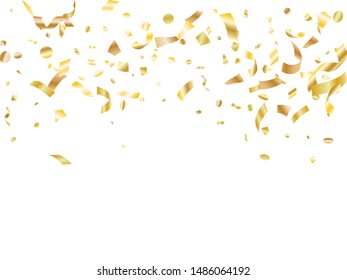 Gold on white foil holiday realistic confetti flying vector background. Glamour flying tinsels, foil texture serpentine streamers, sparkles, confetti falling birthday background.