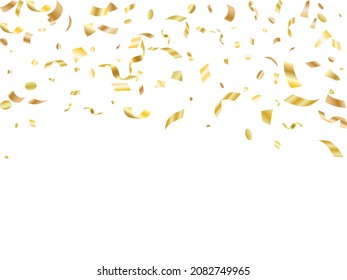 Gold on white foil holiday realistic confetti flying vector background. Rich flying tinsels, foil texture serpentine streamers, sparkles, confetti falling anniversary background.