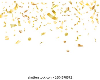 Gold on white glossy holiday realistic confetti flying vector background. Premium flying tinsels, foil texture serpentine streamers, sparkles, confetti falling party background.