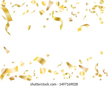 Gold on white shiny holiday realistic confetti flying vector background. Chic flying tinsels, foil texture serpentine streamers, sparkles, confetti falling anniversary background.