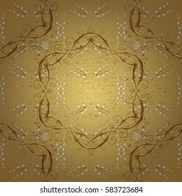Gold on yellow background. Decorative symmetry arabesque. Pattern medieval floral royal pattern. Vector illustration. Good for greeting card for birthday, invitation or banner.