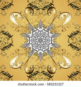 Gold on yellow background. Medieval floral royal pattern. Vector illustration. Decorative symmetry arabesque. Good for greeting card for birthday, invitation or banner.