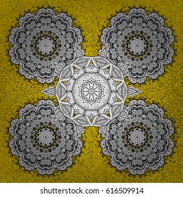 Gold on yellow background. Medieval floral royal pattern. Vector illustration. Decorative symmetry arabesque. Good for greeting card for birthday, invitation or banner.