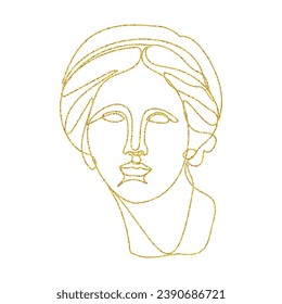 Gold one glitter line illustration of Greek sculpture. Vector line art for logo, poster, tattoo.