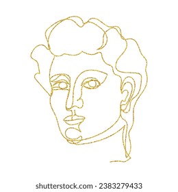 Gold one line art Greece David head sculpture. Vector illustration for poster, postcard, sticker