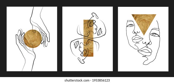 Gold one line wall art vector set.  Boho line art drawing with abstract shape. Abstract face and hands Art design for print, cover, wallpaper, Minimal wall art.