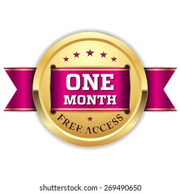 Gold one month free access badge with purple ribbon