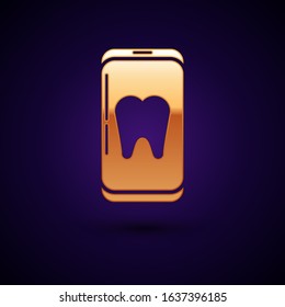Gold Online dental care icon isolated on dark blue background. Dental service information call center.  Vector Illustration