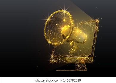 Gold online digital marketing low poly wireframe illustration. Polygonal online notification, Internet targeted advertisement mesh art. 3D computer and megaphone with connected dots. Promotional campa