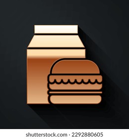 Gold Online ordering and burger delivery icon isolated on black background. Long shadow style. Vector Illustration