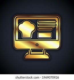 Gold Online ordering and fast food delivery icon isolated on black background.  Vector