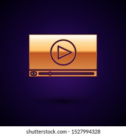 Gold Online play video icon isolated on dark blue background. Film strip with play sign.  Vector Illustration