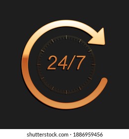 Gold Open 24 hours a day and 7 days a week icon isolated on black background. All day cyclic icon. Long shadow style. Vector.