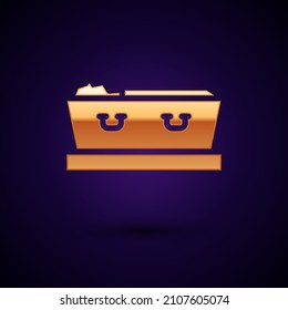 Gold Open coffin with dead deceased body icon isolated on black background. Funeral after death. Corpse in an open hearse for burial.  Vector