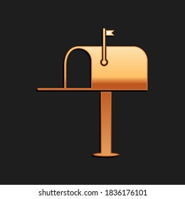 Gold Open mail box icon isolated on black background. Mailbox icon. Mail postbox on pole with flag. Long shadow style. Vector.