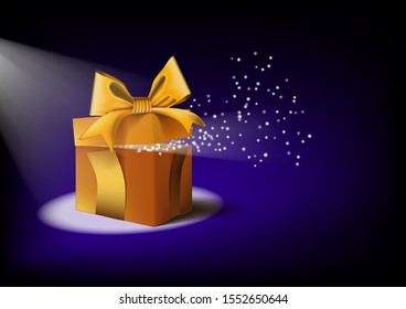 Gold Open Mist Gift box With Magical Light. EPS10 Vector