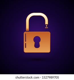 Gold Open padlock icon isolated on dark blue background. Opened lock sign. Cyber security concept. Digital data protection. Safety safety.  Vector Illustration