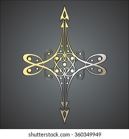 gold openwork decoration of flowery lines with a sharp pick-shaped bits at the ends, dark gray background, vector
