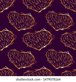 Gold openwork heart seamless pattern on a purple background. Hand drawn vector illustration for Valentine's Day.