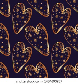 Gold openwork heart seamless pattern on a dark blue background. Hand drawn vector illustration for Valentine's Day.