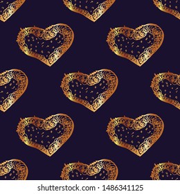 Gold openwork heart seamless pattern on a dark blue background. Hand drawn vector illustration for Valentine's Day.