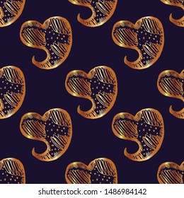 Gold openwork heart seamless pattern on a dark blue background. Hand drawn vector illustration for Valentine's Day.