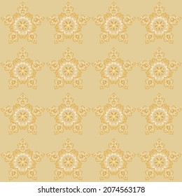 gold openwork stars on a light brown, caramel background. floral ornament. monochrome pattern. design of packaging, printed and textile products. interior decoration. tile. template, cover, print.