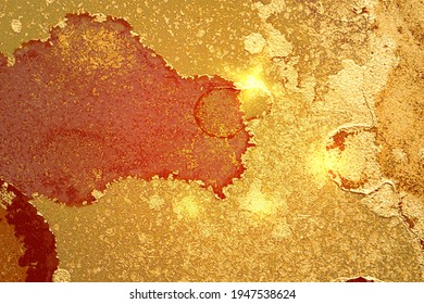 Gold and orange abstract marble background with sparkles. Vector texture in alcohol ink technique with glitter. Template for banner, poster design. Fluid art painting