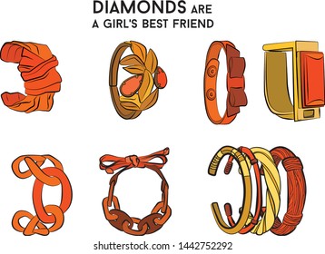 Gold with orange and red Beautiful bracelet - jewelry set Fashion vector illustration vector  object isolated necklace 