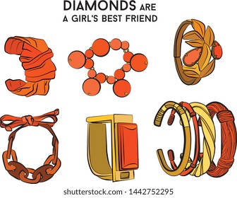 Gold with orange and red Beautiful bracelet - jewelry set Fashion vector illustration vector  object isolated necklace 