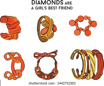 Gold with orange and red Beautiful bracelet - jewelry set Fashion vector illustration vector  object isolated necklace 