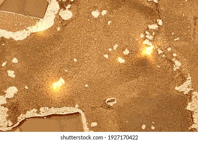 Gold and orange shining abstract marble background. Vector texture in alcohol ink technique with glitter. Template for banner, poster design. Fluid art painting