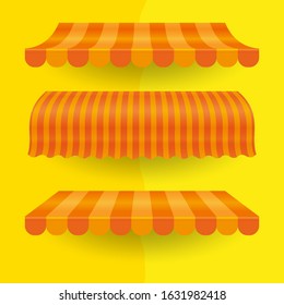Gold and orange stripes commercial vector awning. Market, cafe, or restaurant desing element. Cla awning on bright yellow background.