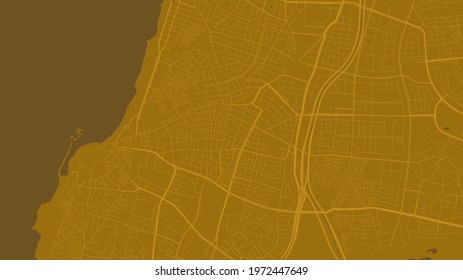 Gold orange Tel Aviv Yafo city area vector background map, streets and water cartography illustration. Widescreen proportion, digital flat design streetmap.