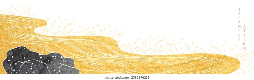 Patrón dorado oriental de olas naturales con decoración oceánica de banner de estilo vintage. Plantilla marina. Fondo japonés con elemento de pintura de textura de color de agua vector. 
