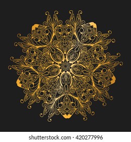 gold oriental  ornament on black background. golden decor can be use for invitation, wedding, greeting card, cover, packing, vector illustration 